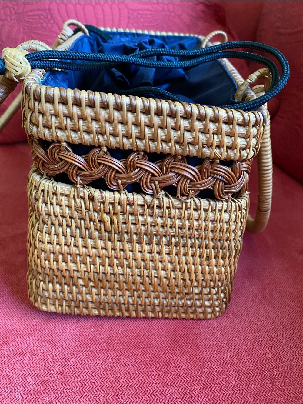 ASOS rattan rectangle bag with navy fabric drawstring liner. Like new! - Picture 4 of 9